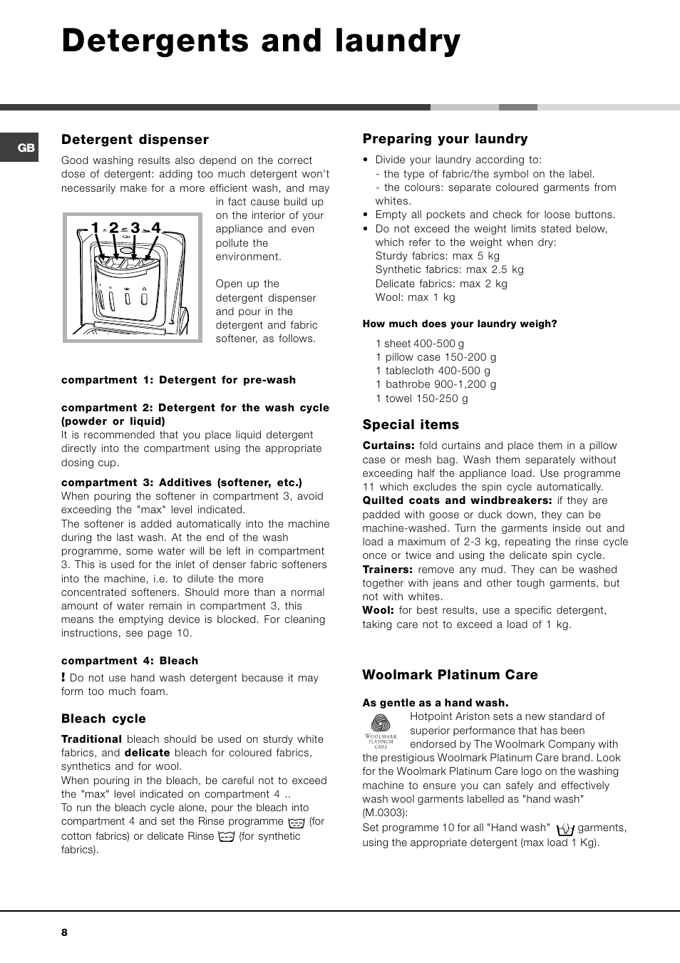 Detergents and laundry, Detergent dispenser, Preparing your laundry | Special items, Woolmark platinum care | Hotpoint Ariston AVTL 104 User Manual | Page 8 / 60