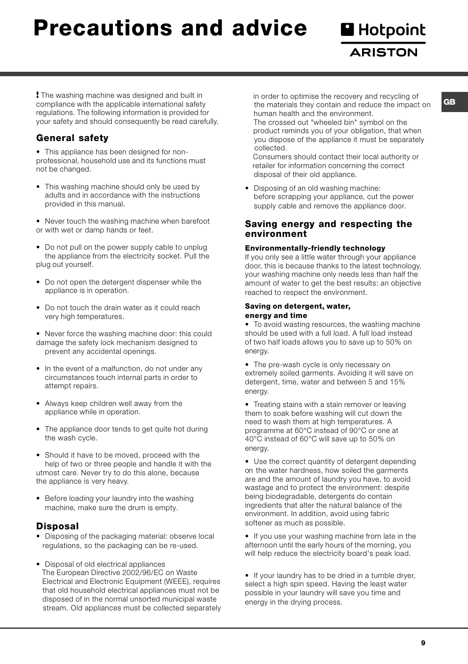 Precautions and advice, General safety, Disposal | Saving energy and respecting the environment | Hotpoint Ariston AVTL 104 User Manual | Page 9 / 60