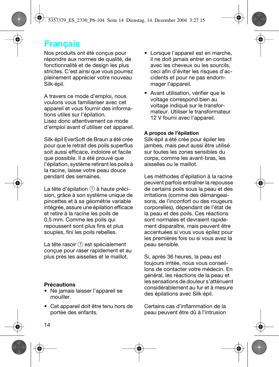 Français | Braun 2330 Silk-épil EverSoft User Manual | Page 14 / 94