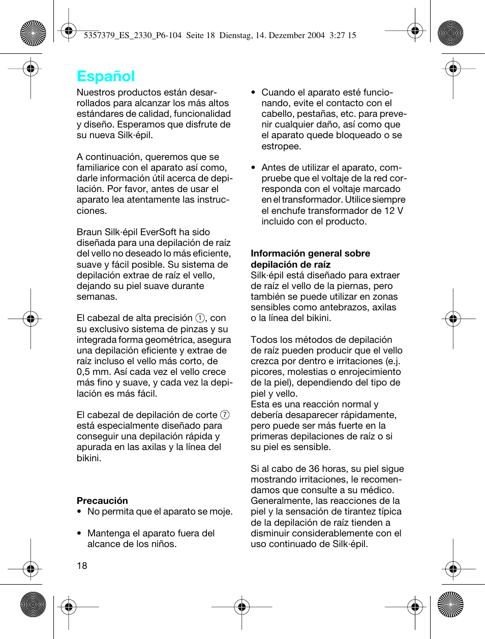 Español | Braun 2330 Silk-épil EverSoft User Manual | Page 18 / 94