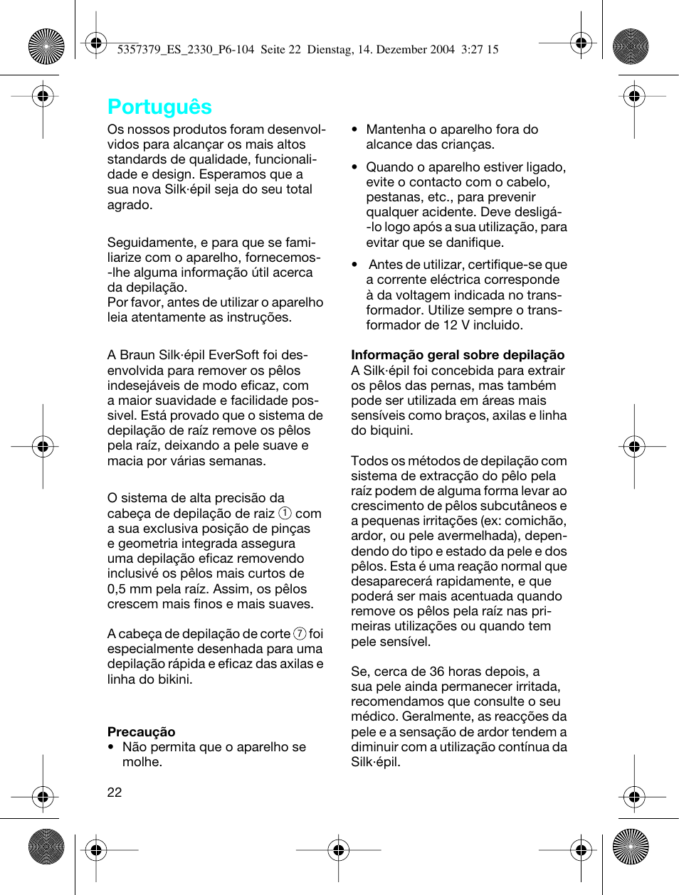 Português | Braun 2330 Silk-épil EverSoft User Manual | Page 22 / 94