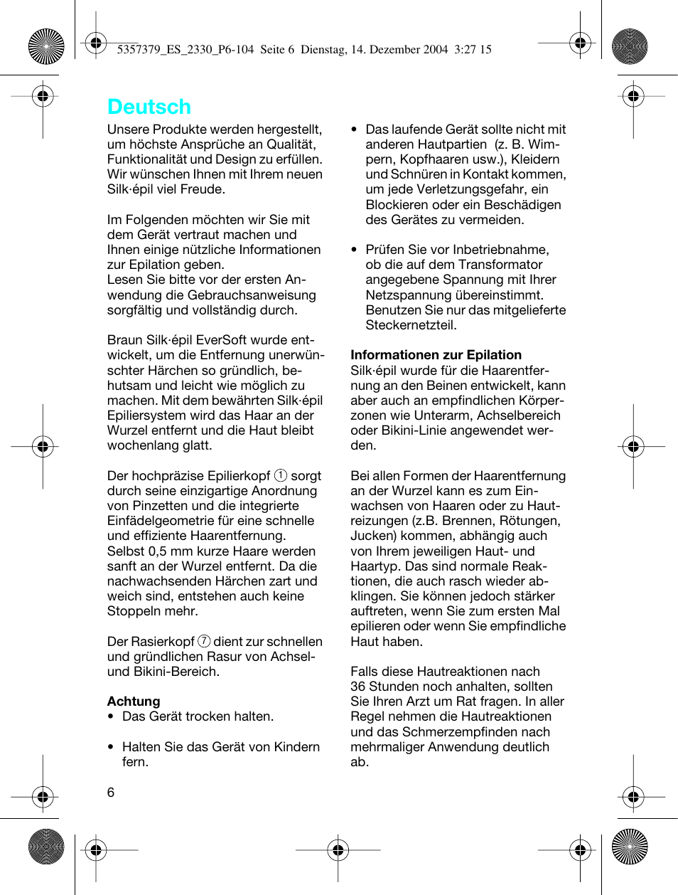 Deutsch | Braun 2330 Silk-épil EverSoft User Manual | Page 6 / 94