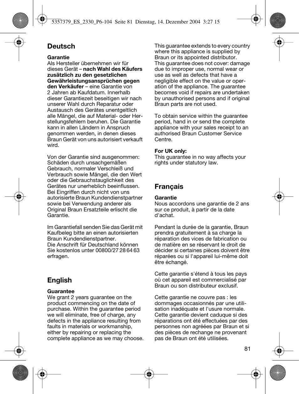 Deutsch, English, Français | Braun 2330 Silk-épil EverSoft User Manual | Page 81 / 94