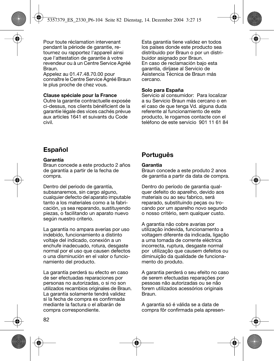 Español, Português | Braun 2330 Silk-épil EverSoft User Manual | Page 82 / 94