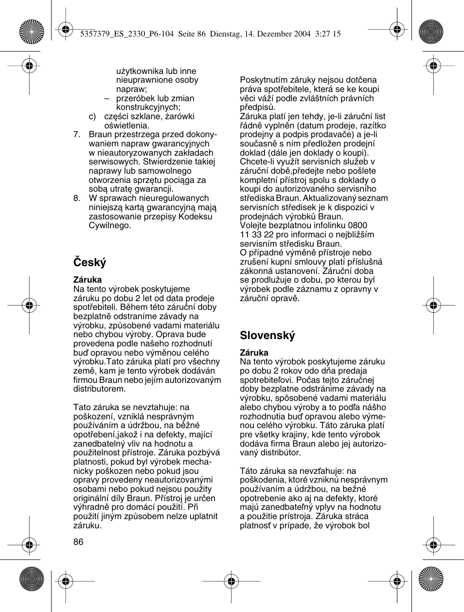 Âesk, Slovensk | Braun 2330 Silk-épil EverSoft User Manual | Page 86 / 94