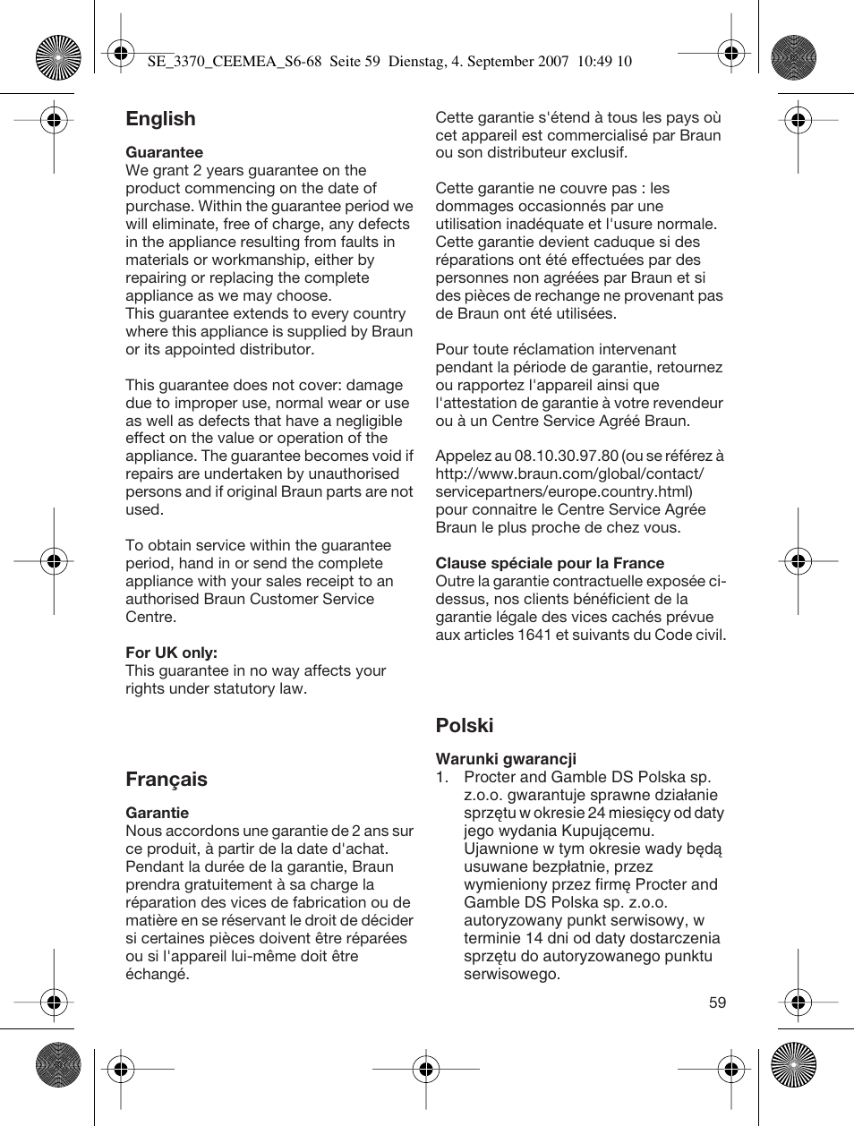 English, Français, Polski | Braun 3370-5318 Silk-épil SoftPerfection User Manual | Page 58 / 65