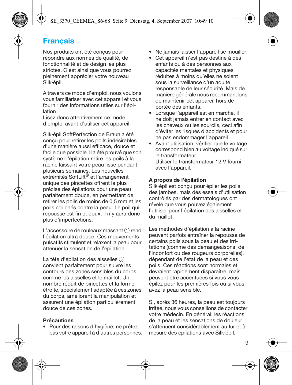 Français | Braun 3370-5318 Silk-épil SoftPerfection User Manual | Page 8 / 65
