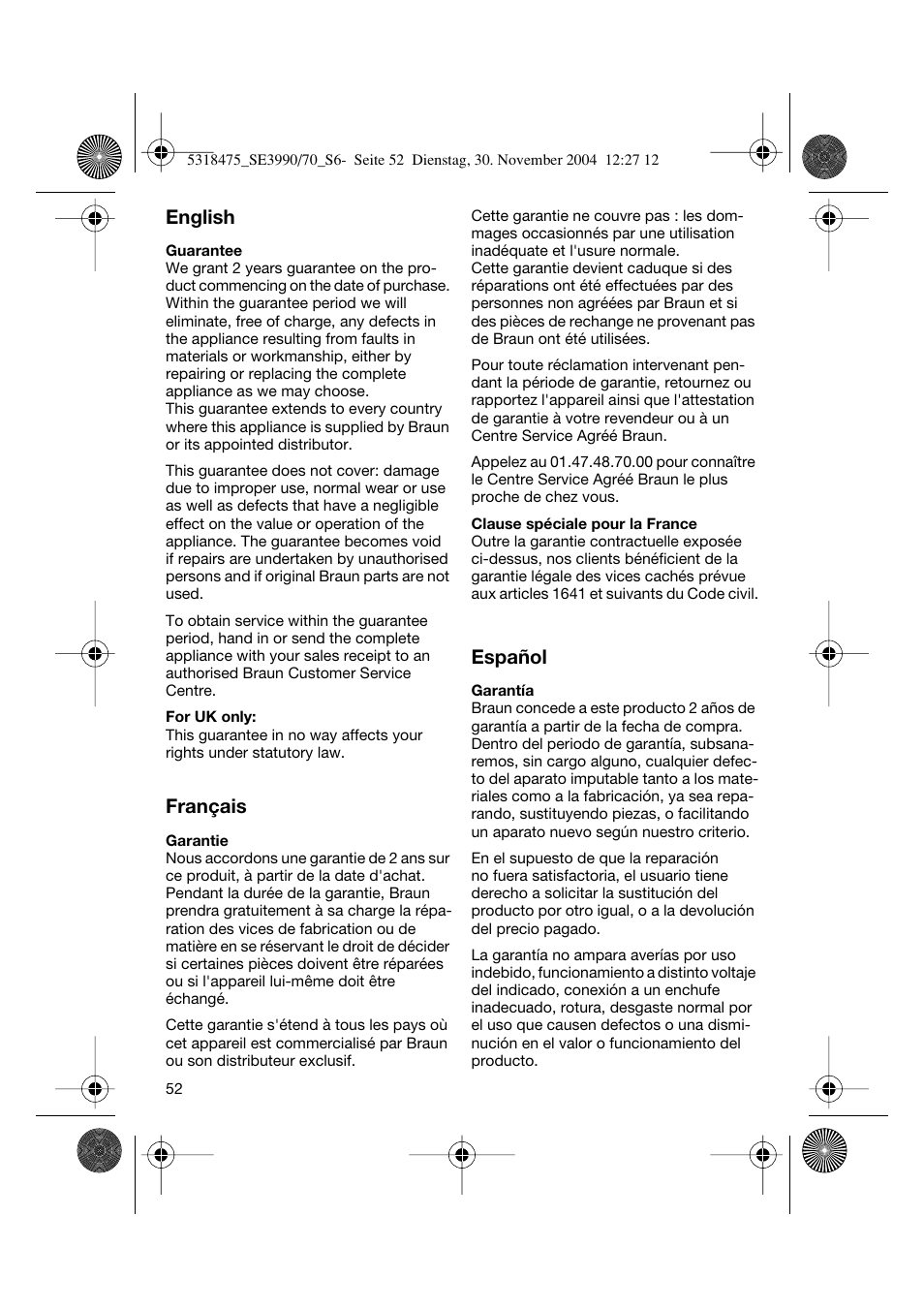 English, Français, Español | Braun 3870 Silk-épil SoftPerfection Body & Face User Manual | Page 51 / 63