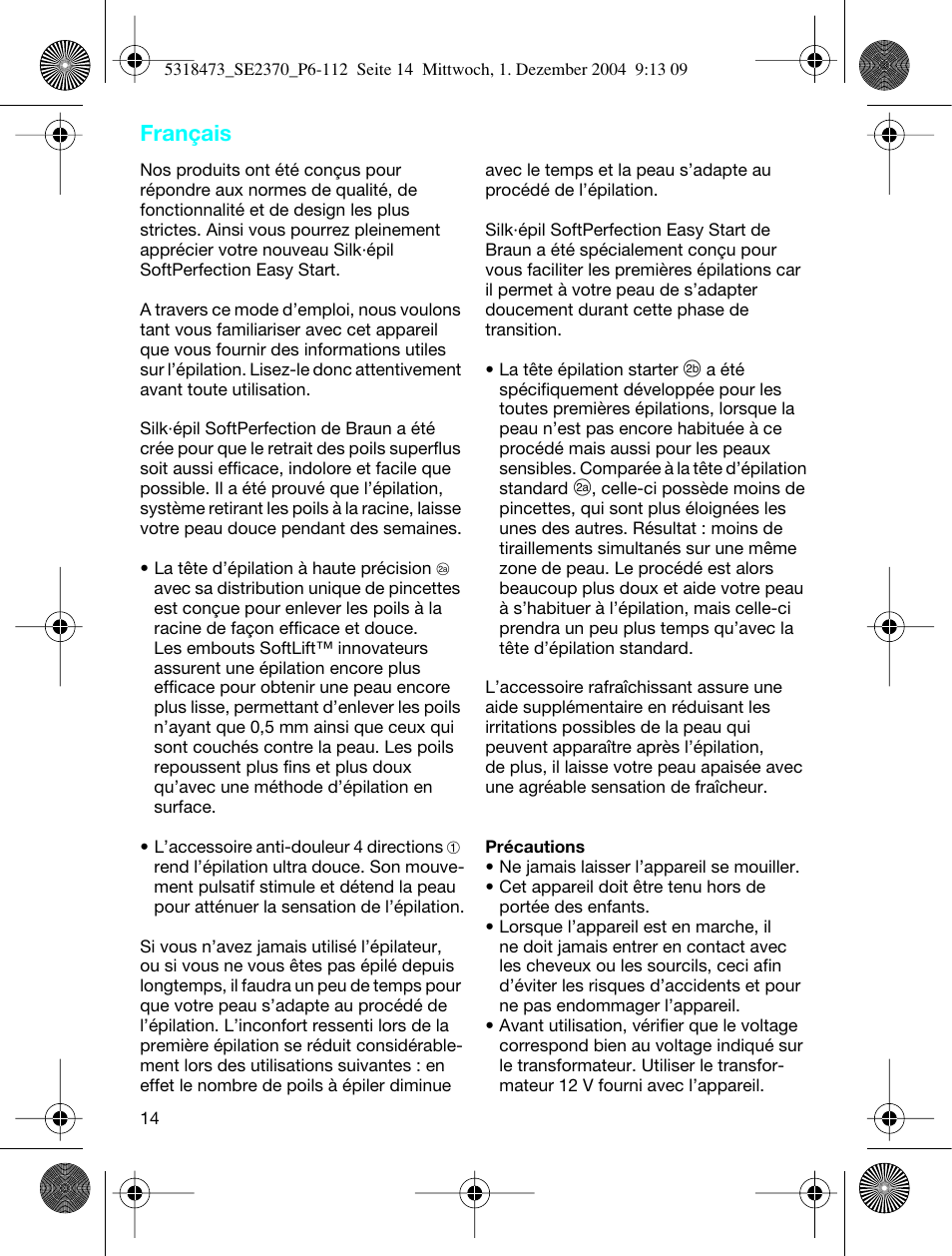 Français | Braun 3270-5319 Silk-épil SoftPerfection Easy Start User Manual | Page 13 / 108
