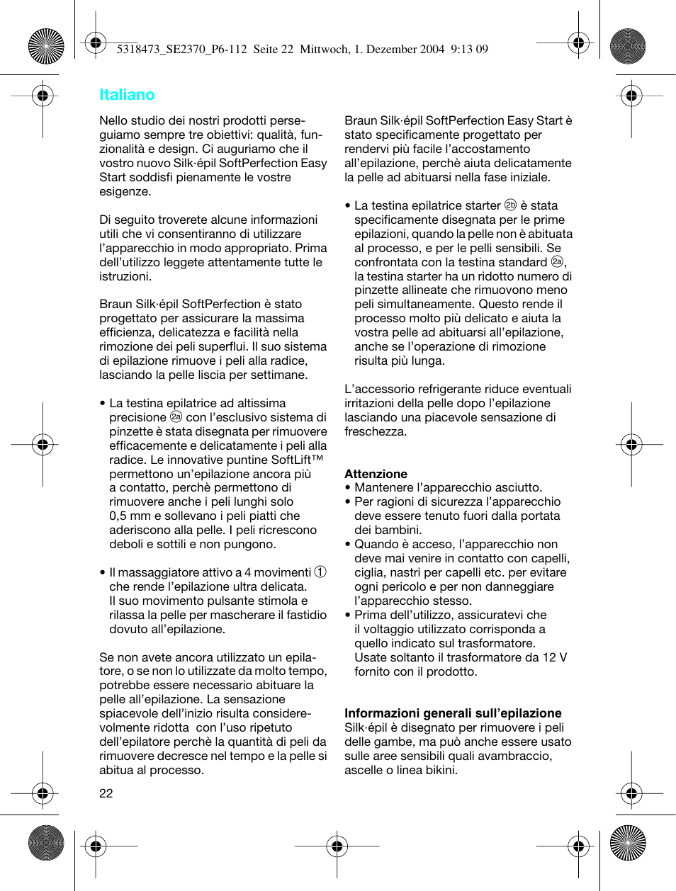 Italiano | Braun 3270-5319 Silk-épil SoftPerfection Easy Start User Manual | Page 21 / 108