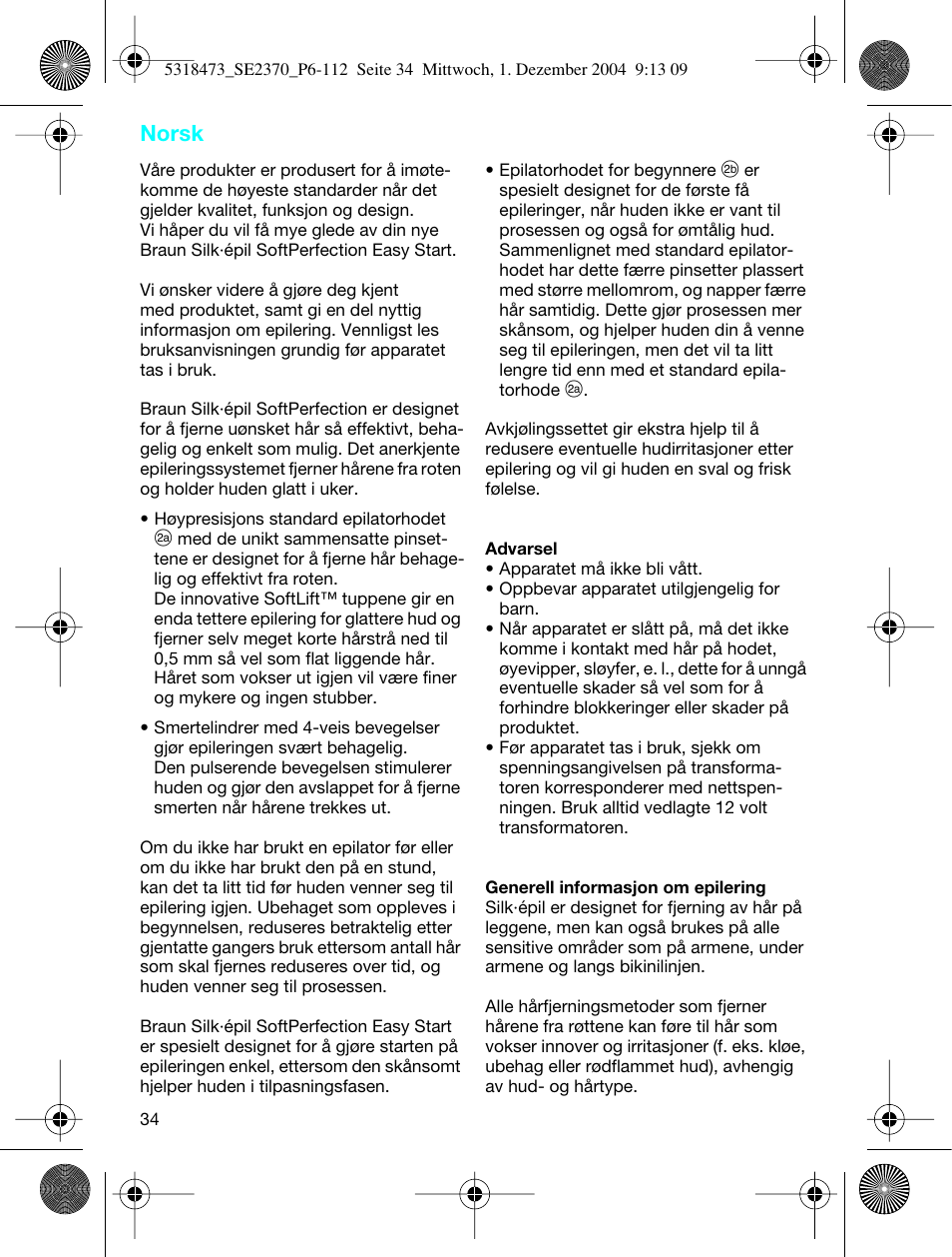 Norsk | Braun 3270-5319 Silk-épil SoftPerfection Easy Start User Manual | Page 33 / 108