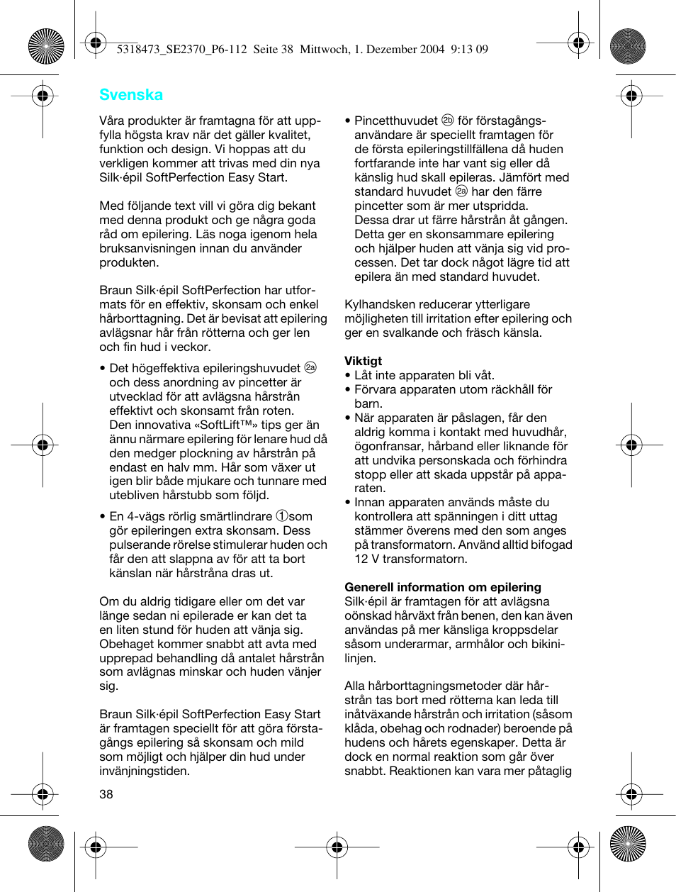 Svenska | Braun 3270-5319 Silk-épil SoftPerfection Easy Start User Manual | Page 37 / 108