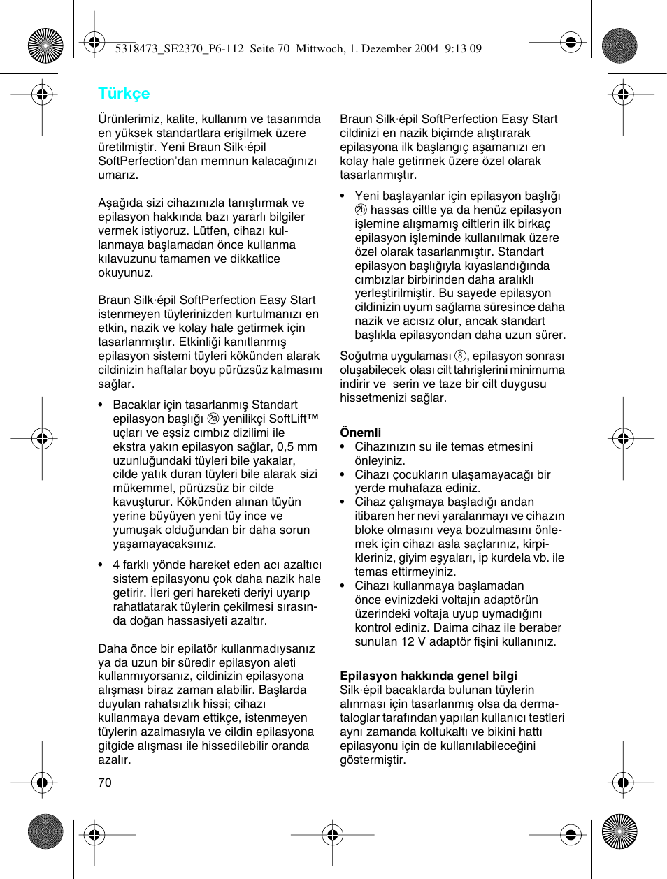 Türkçe | Braun 3270-5319 Silk-épil SoftPerfection Easy Start User Manual | Page 69 / 108