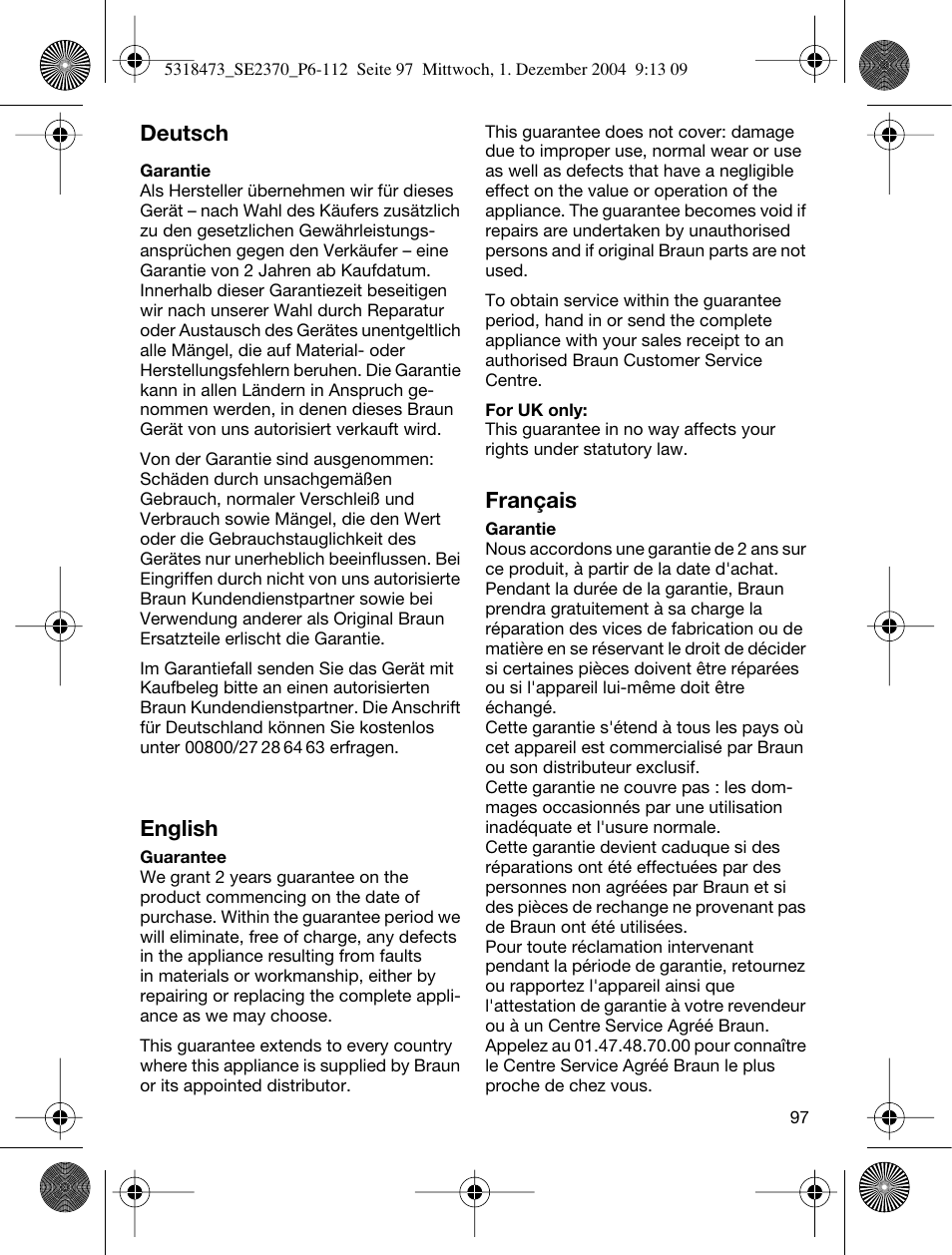 Deutsch, English, Français | Braun 3270-5319 Silk-épil SoftPerfection Easy Start User Manual | Page 96 / 108