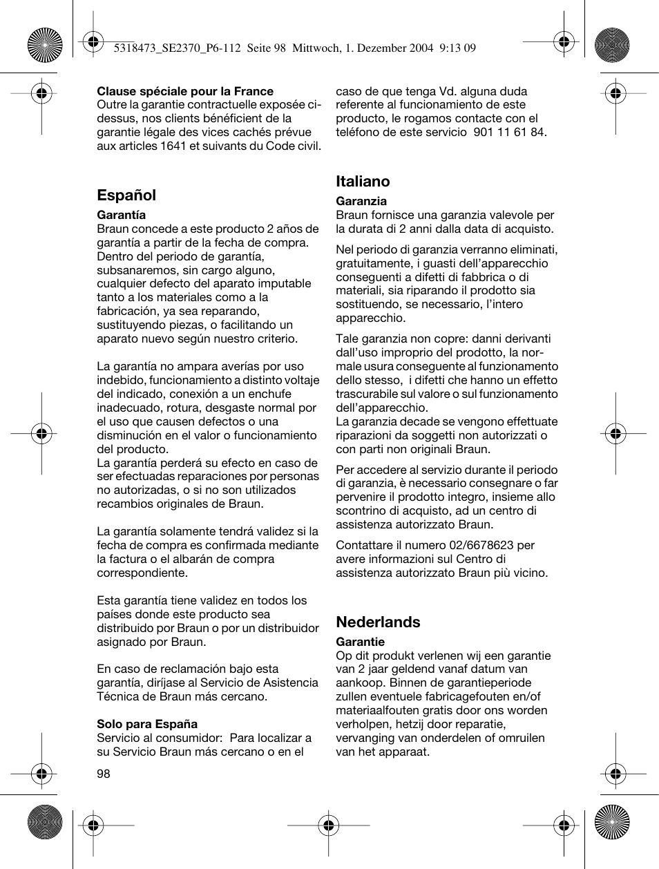 Español, Italiano, Nederlands | Braun 3270-5319 Silk-épil SoftPerfection Easy Start User Manual | Page 97 / 108