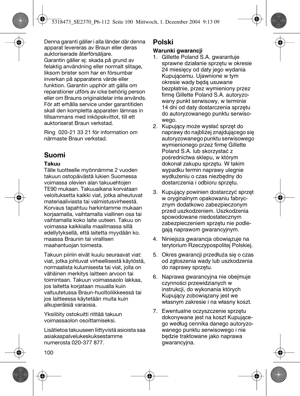 Suomi, Polski | Braun 3270-5319 Silk-épil SoftPerfection Easy Start User Manual | Page 99 / 108