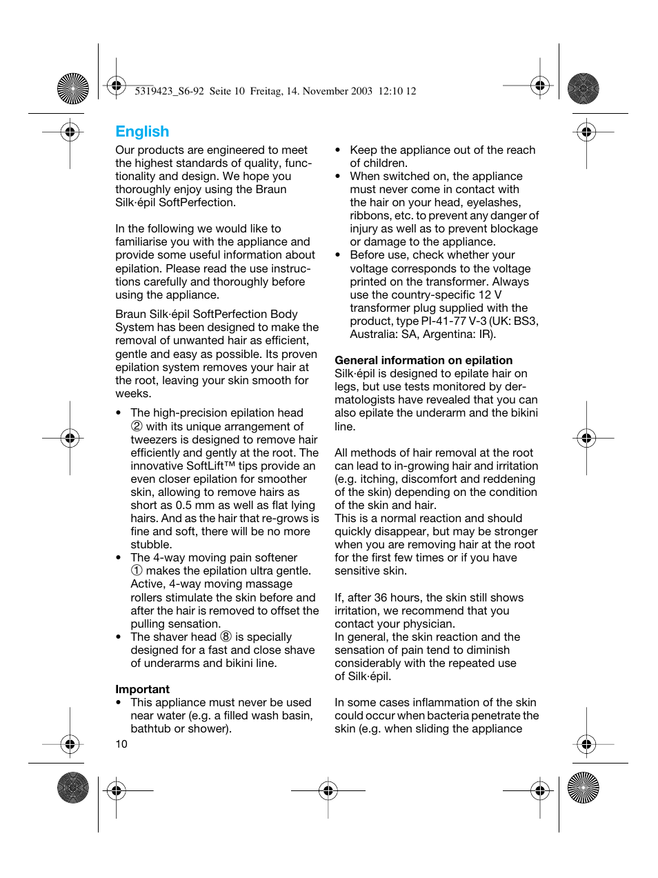 English | Braun 3390 Silk-épil SoftPerfection User Manual | Page 10 / 89