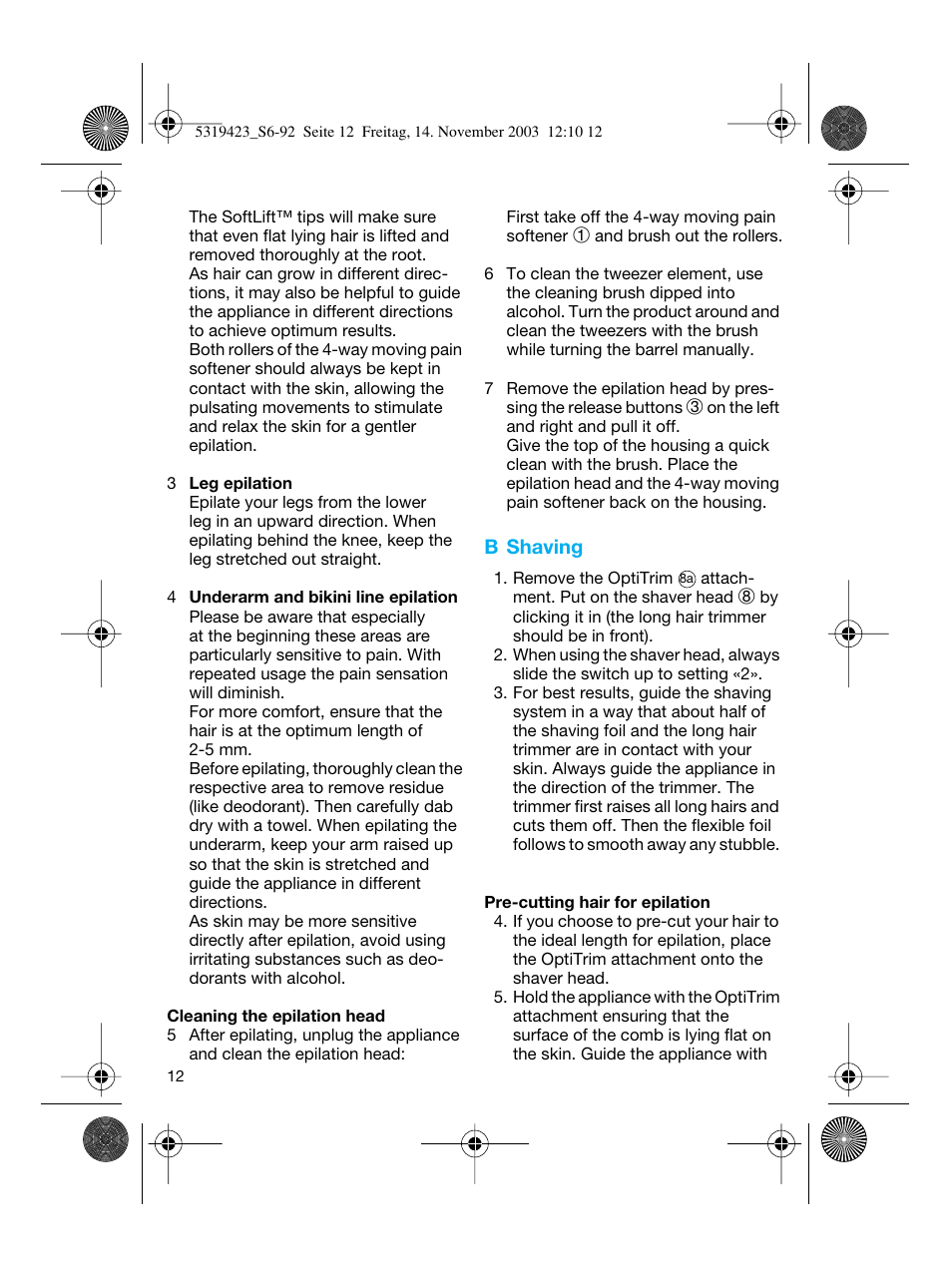 B shaving | Braun 3390 Silk-épil SoftPerfection User Manual | Page 12 / 89