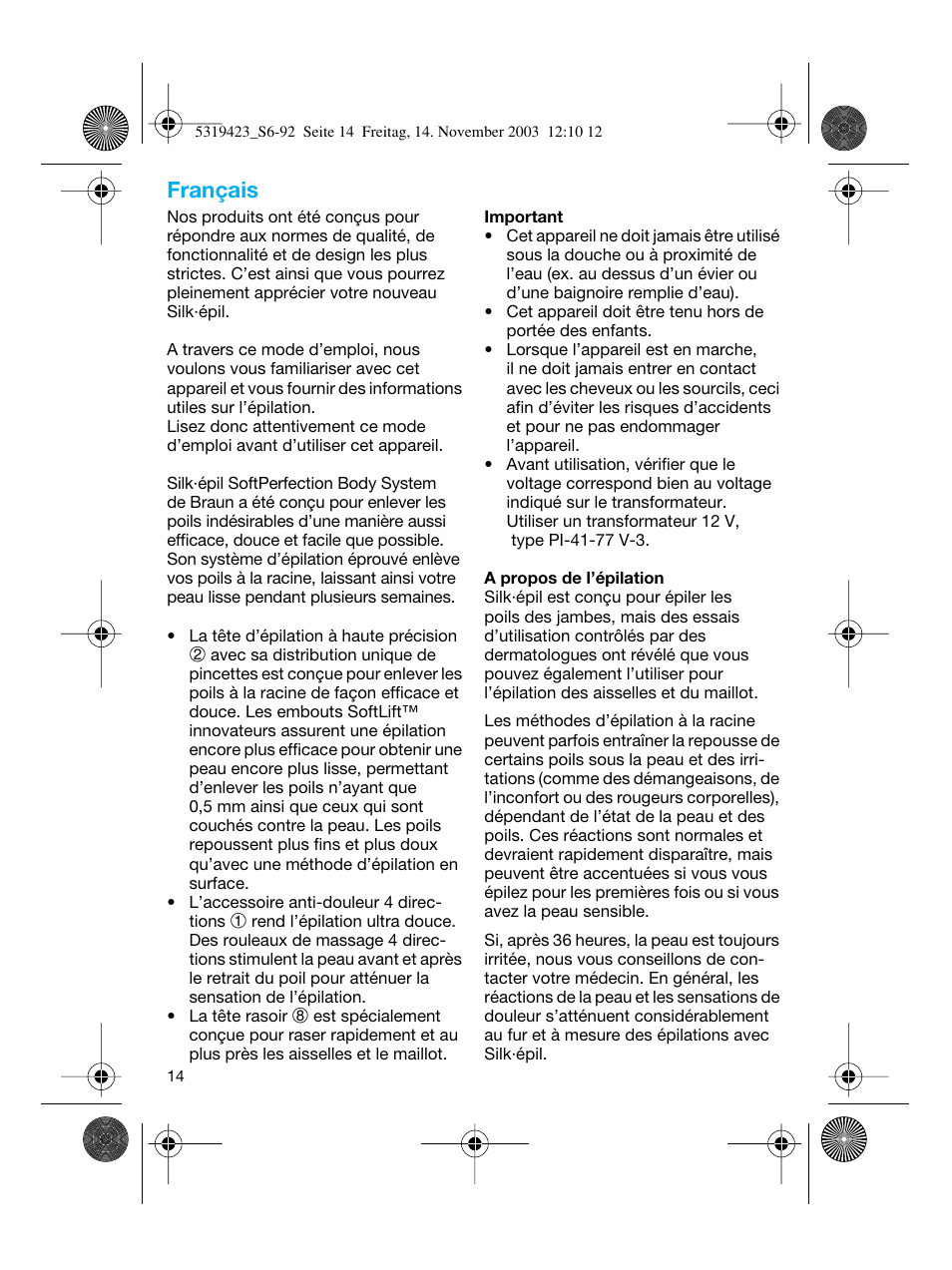 Français | Braun 3390 Silk-épil SoftPerfection User Manual | Page 14 / 89