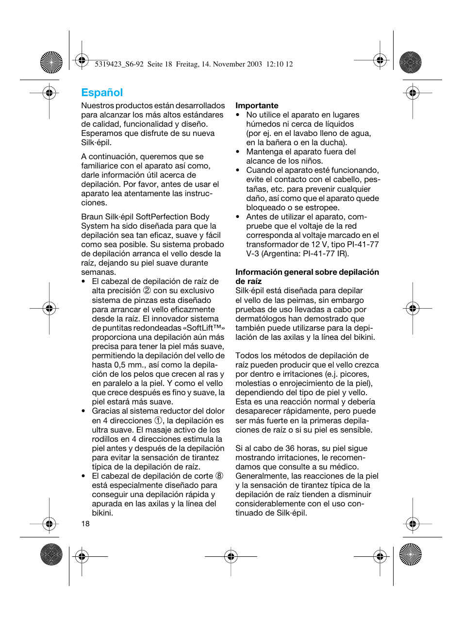 Español | Braun 3390 Silk-épil SoftPerfection User Manual | Page 18 / 89