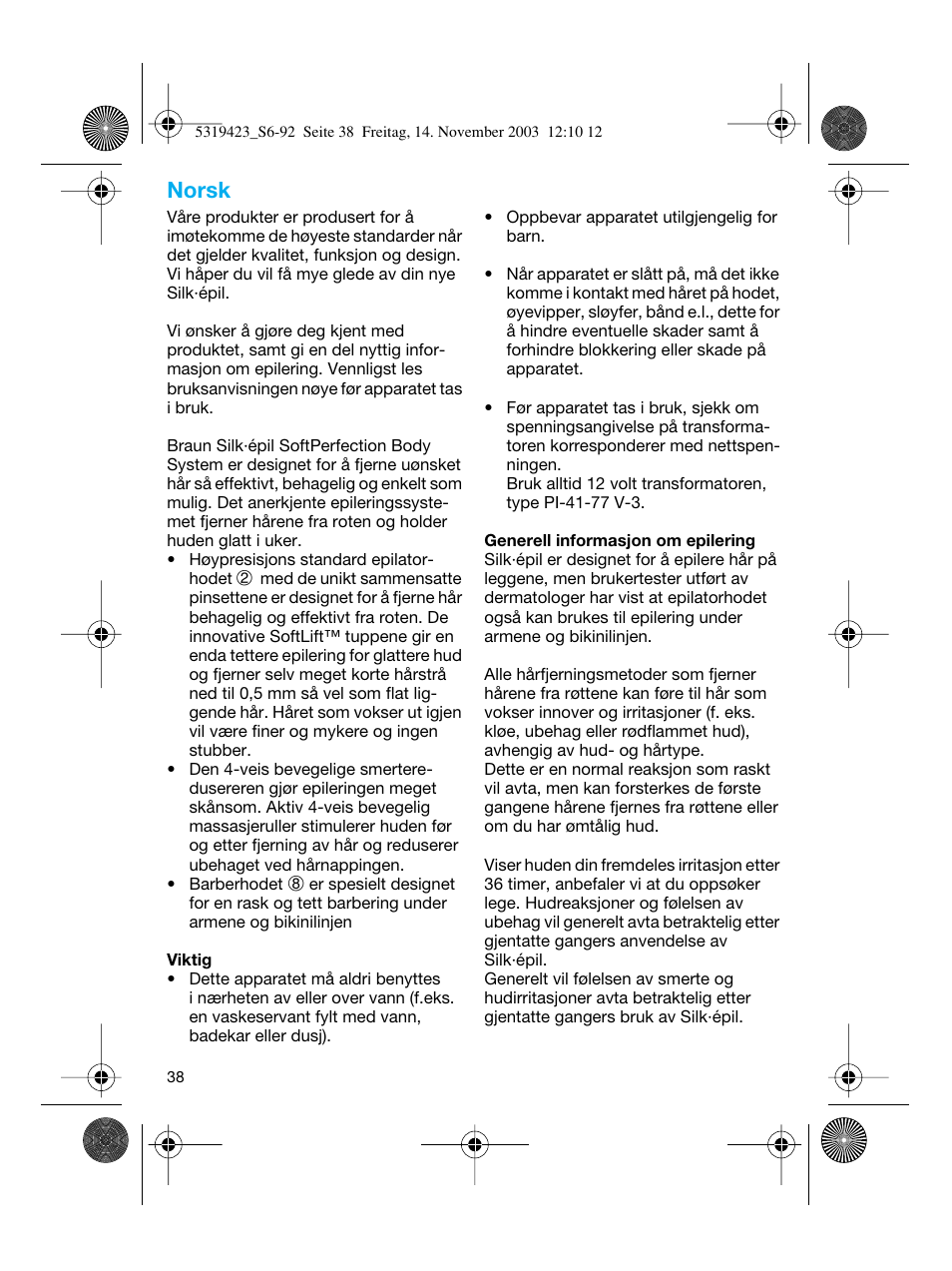 Norsk | Braun 3390 Silk-épil SoftPerfection User Manual | Page 38 / 89