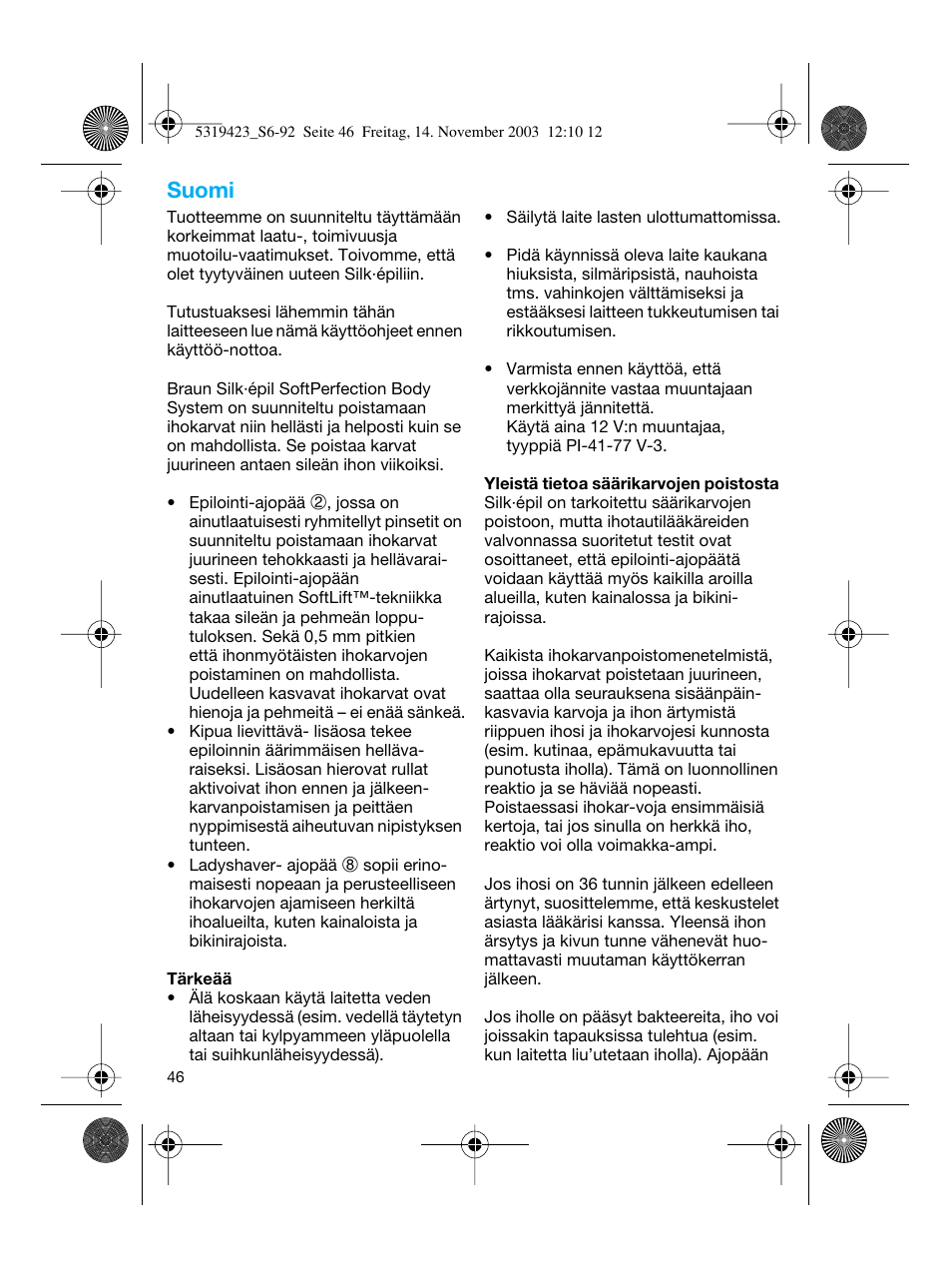 Suomi | Braun 3390 Silk-épil SoftPerfection User Manual | Page 46 / 89