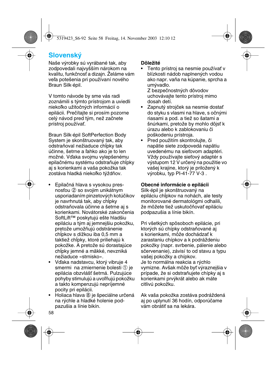 Slovensky, Slovensk | Braun 3390 Silk-épil SoftPerfection User Manual | Page 58 / 89