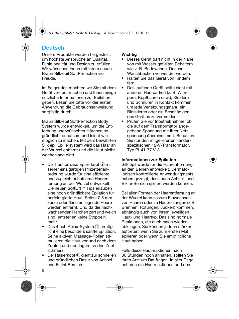 Deutsch | Braun 3390 Silk-épil SoftPerfection User Manual | Page 6 / 89