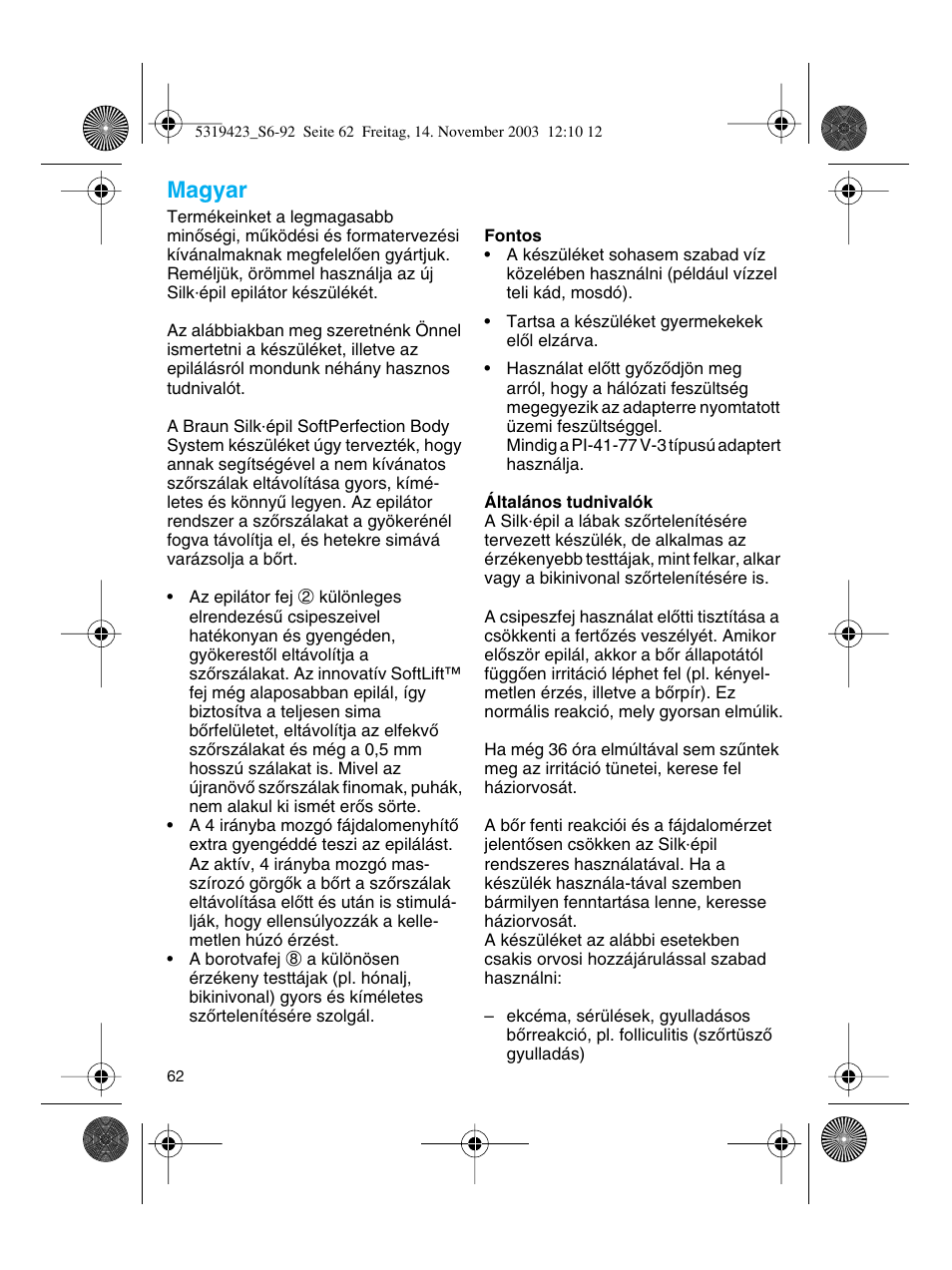 Magyar | Braun 3390 Silk-épil SoftPerfection User Manual | Page 62 / 89