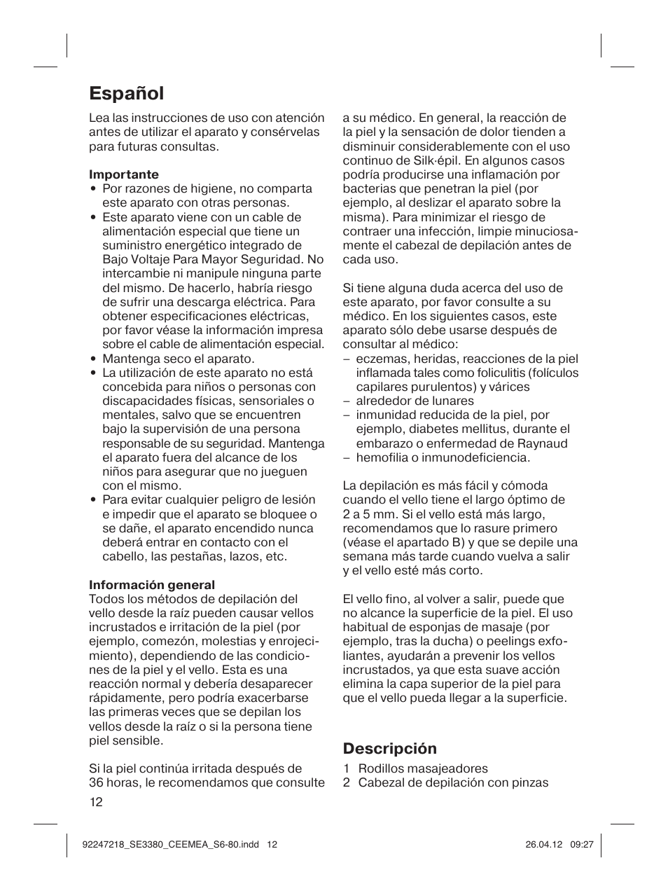 Español, Descripción | Braun 3380-5320 Silk-épil 3 User Manual | Page 11 / 76