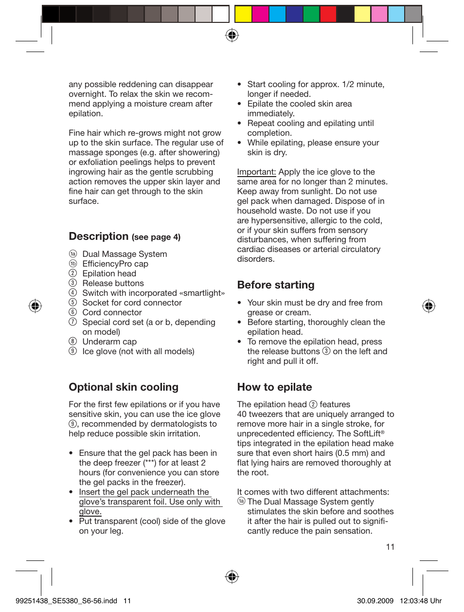 Description, Optional skin cooling, Before starting | How to epilate | Braun 5370 Silk-épil 5 User Manual | Page 10 / 53