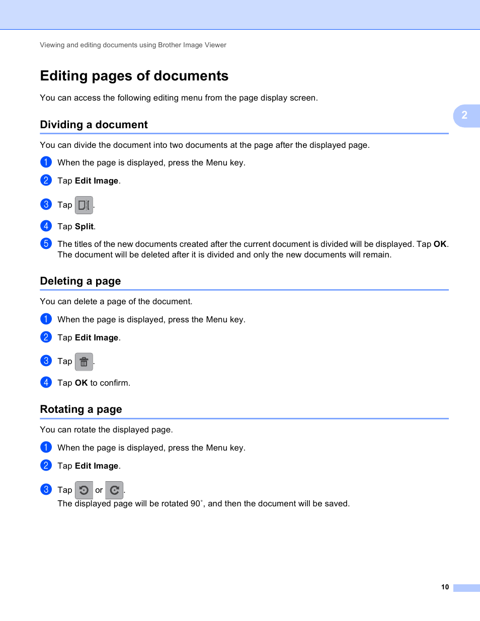 Dividing a document, Editing pages of documents | Brother Image Viewer (Guide for Android) User Manual | Page 13 / 16