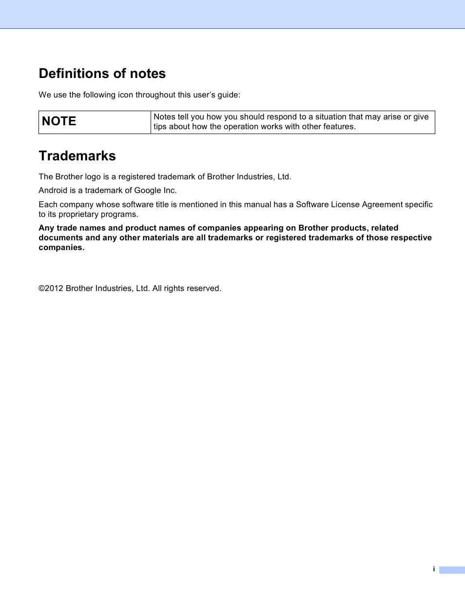 Definitions of notes, Trademarks | Brother Image Viewer (Guide for Android) User Manual | Page 2 / 16