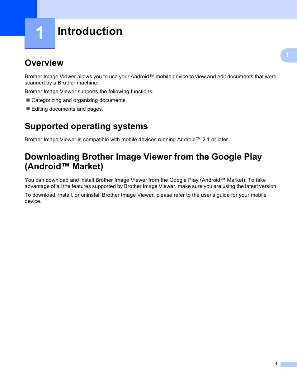 1 introduction, Overview, Supported operating systems | Introduction | Brother Image Viewer (Guide for Android) User Manual | Page 4 / 16