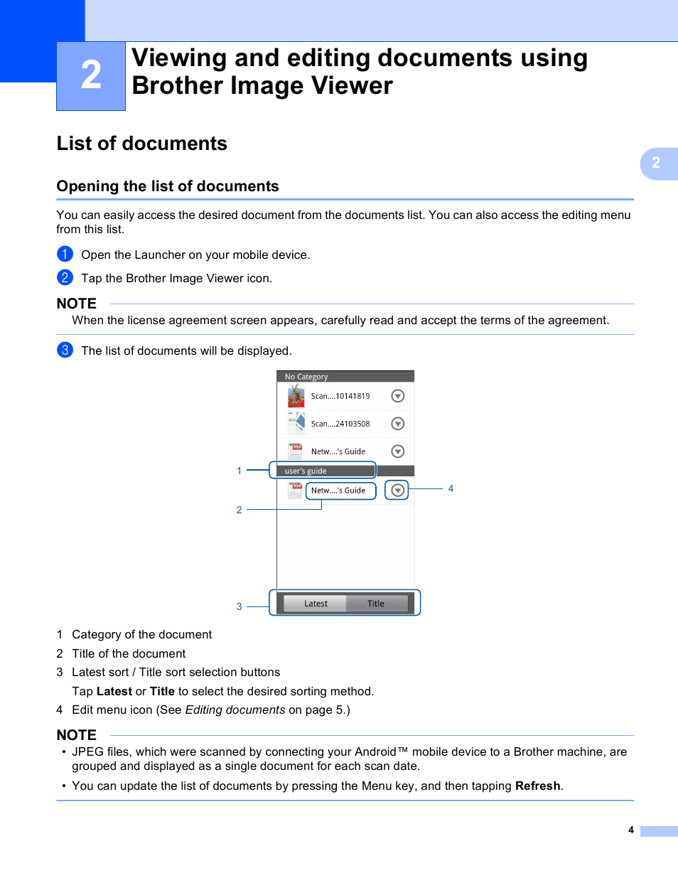 List of documents, Opening the list of documents | Brother Image Viewer (Guide for Android) User Manual | Page 7 / 16
