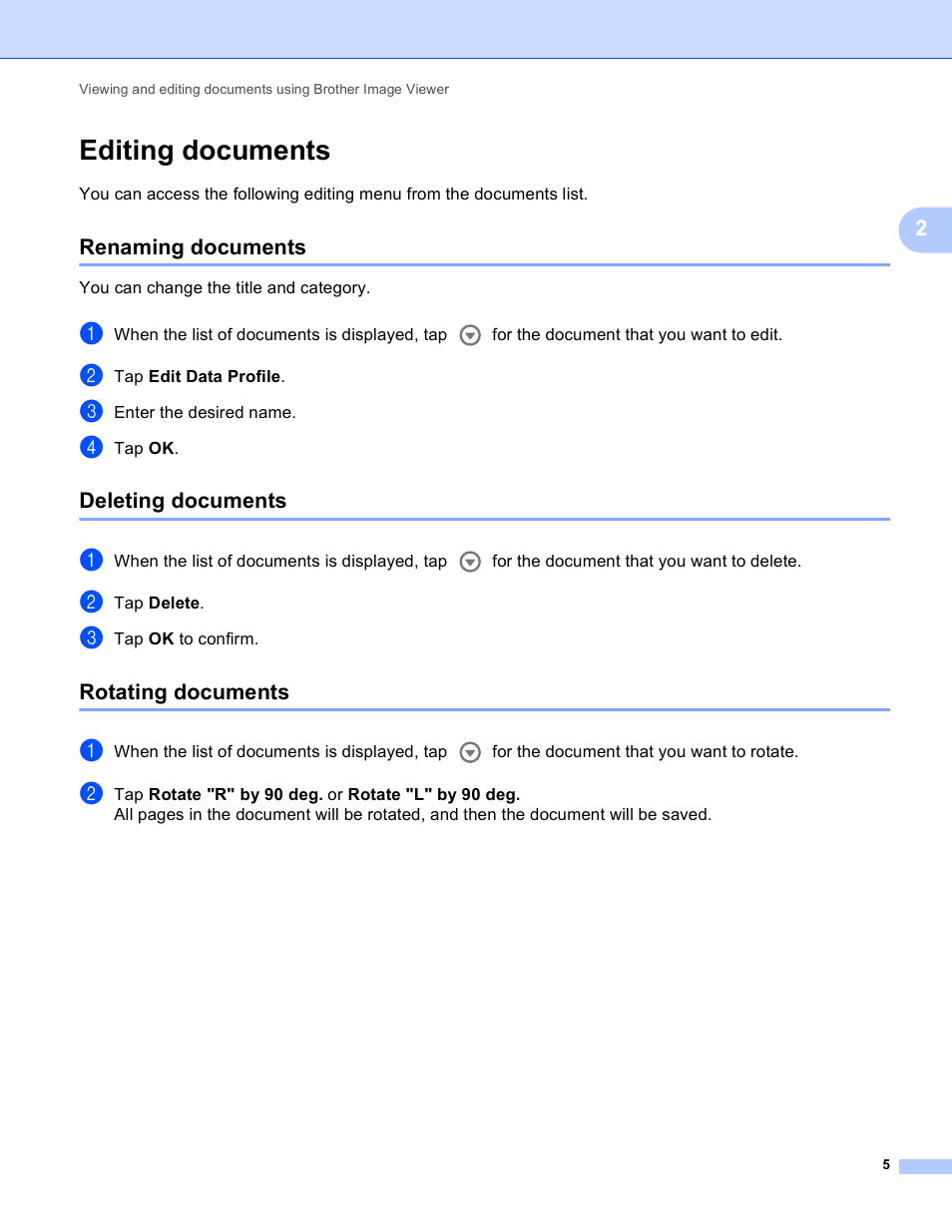 Editing documents, Renaming documents, Deleting documents | Rotating documents | Brother Image Viewer (Guide for Android) User Manual | Page 8 / 16