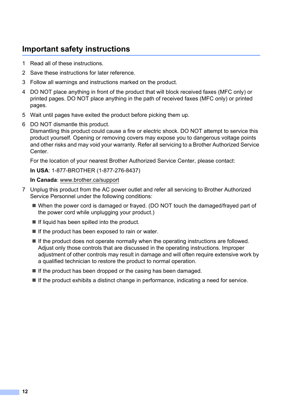 Important safety instructions | Brother HL-L8350CDW User Manual | Page 12 / 24