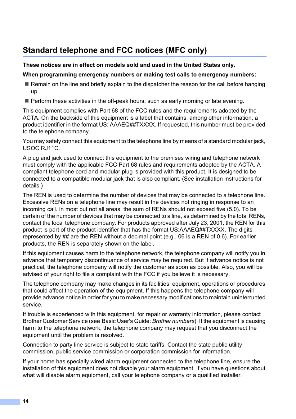 Standard telephone and fcc notices (mfc only) | Brother HL-L8350CDW User Manual | Page 14 / 24