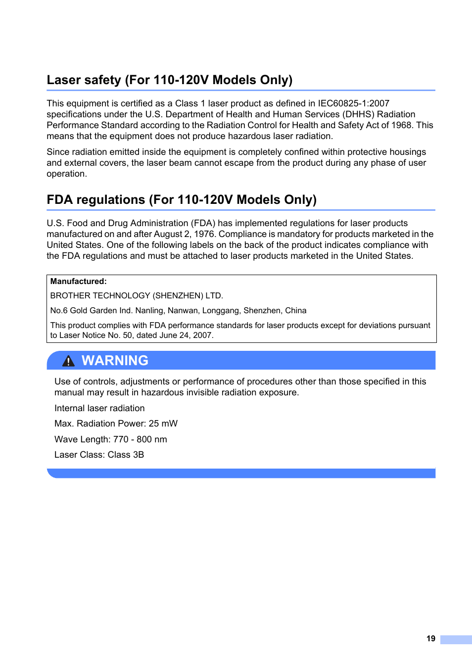 Laser safety (for 110-120v models only), Fda regulations (for 110-120v models only), Warning | Brother HL-L8350CDW User Manual | Page 19 / 24