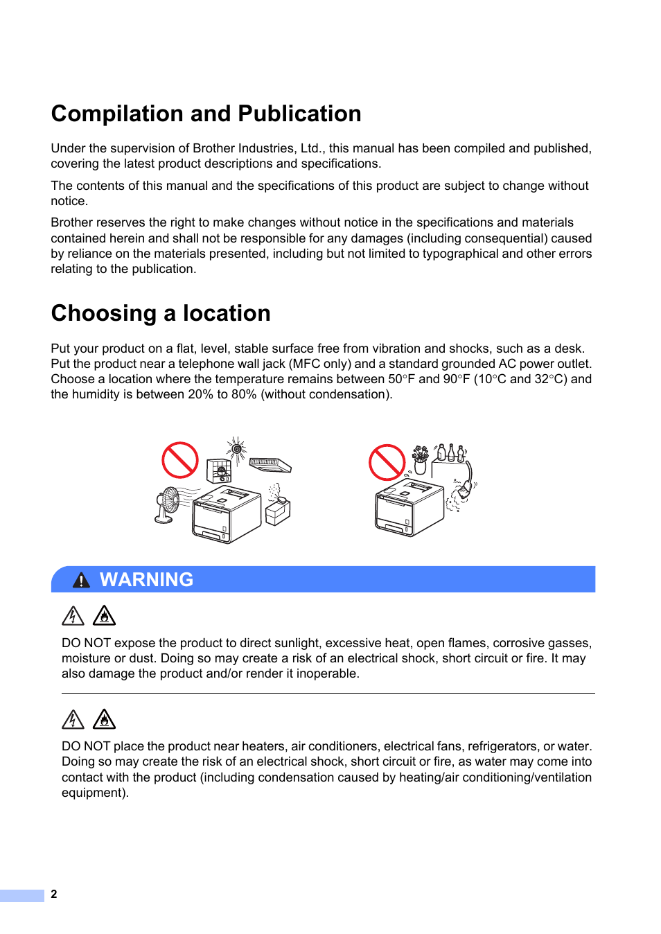 Compilation and publication, Choosing a location, Warning | Brother HL-L8350CDW User Manual | Page 2 / 24
