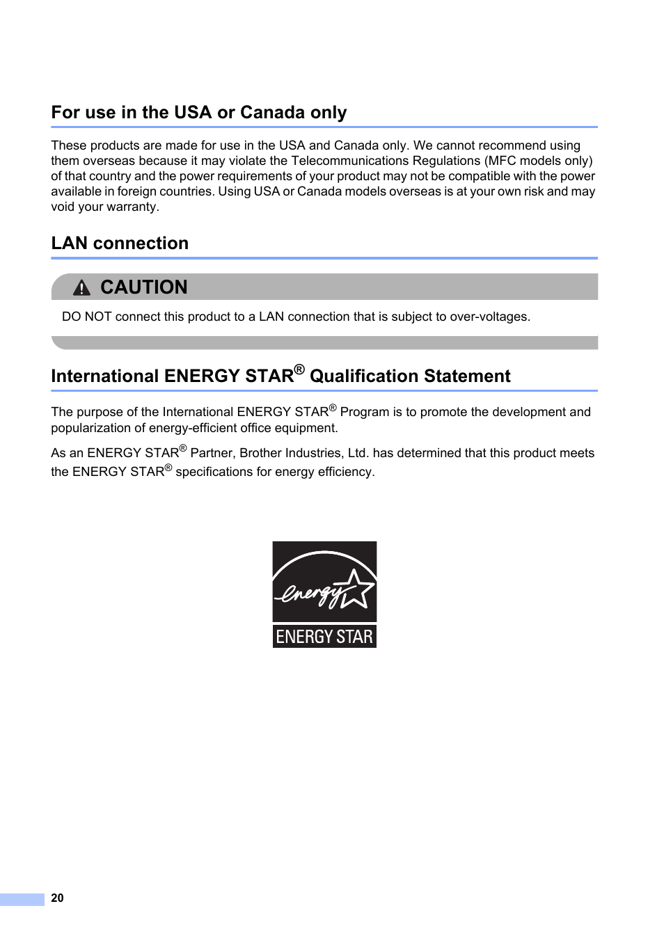 For use in the usa or canada only, Lan connection, International energy star® qualification statement | Caution, International energy star, Qualification statement | Brother HL-L8350CDW User Manual | Page 20 / 24