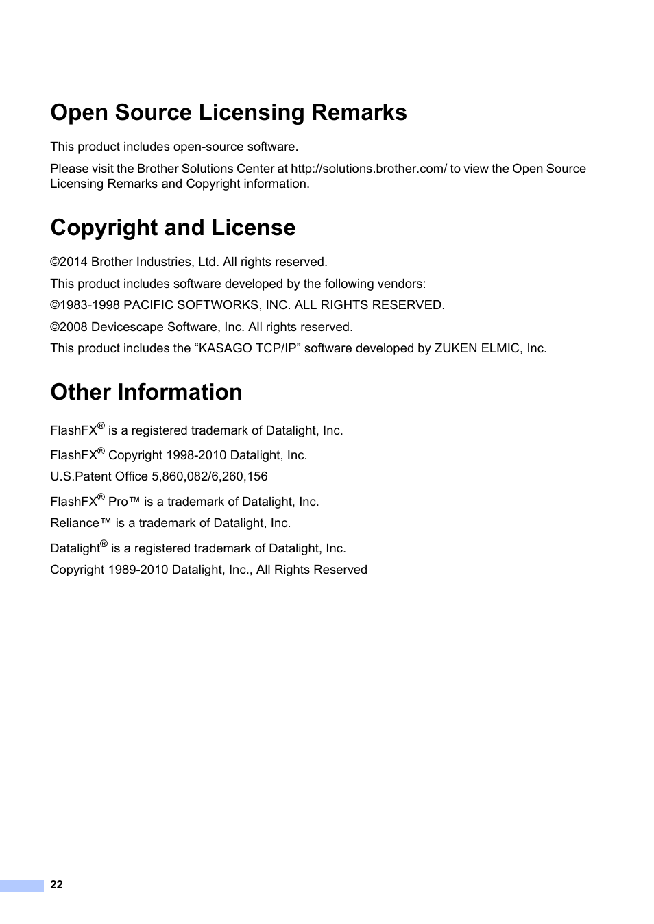 Open source licensing remarks, Copyright and license, Other information | Brother HL-L8350CDW User Manual | Page 22 / 24