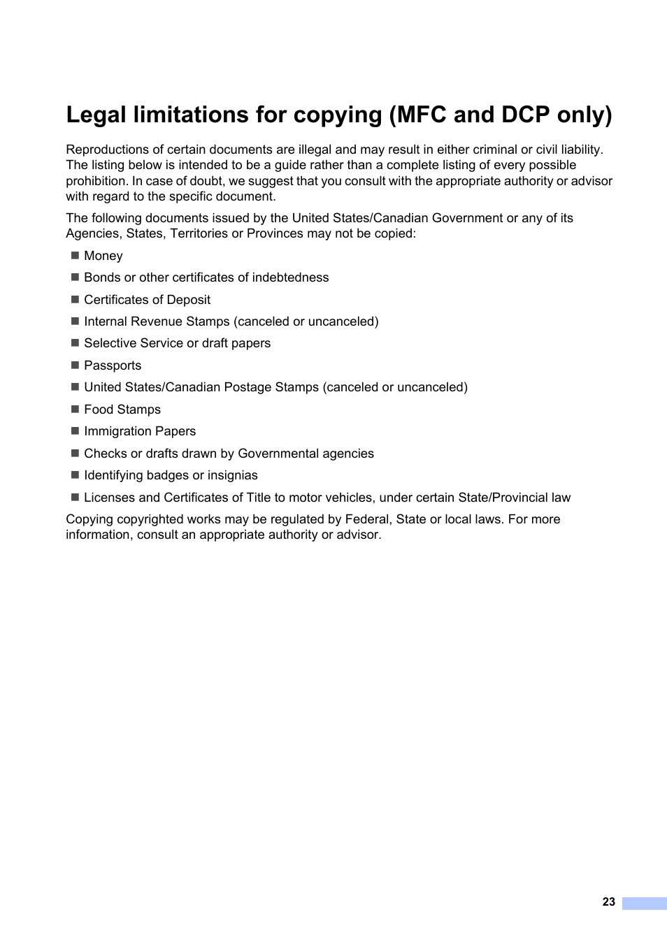 Legal limitations for copying (mfc and dcp only) | Brother HL-L8350CDW User Manual | Page 23 / 24