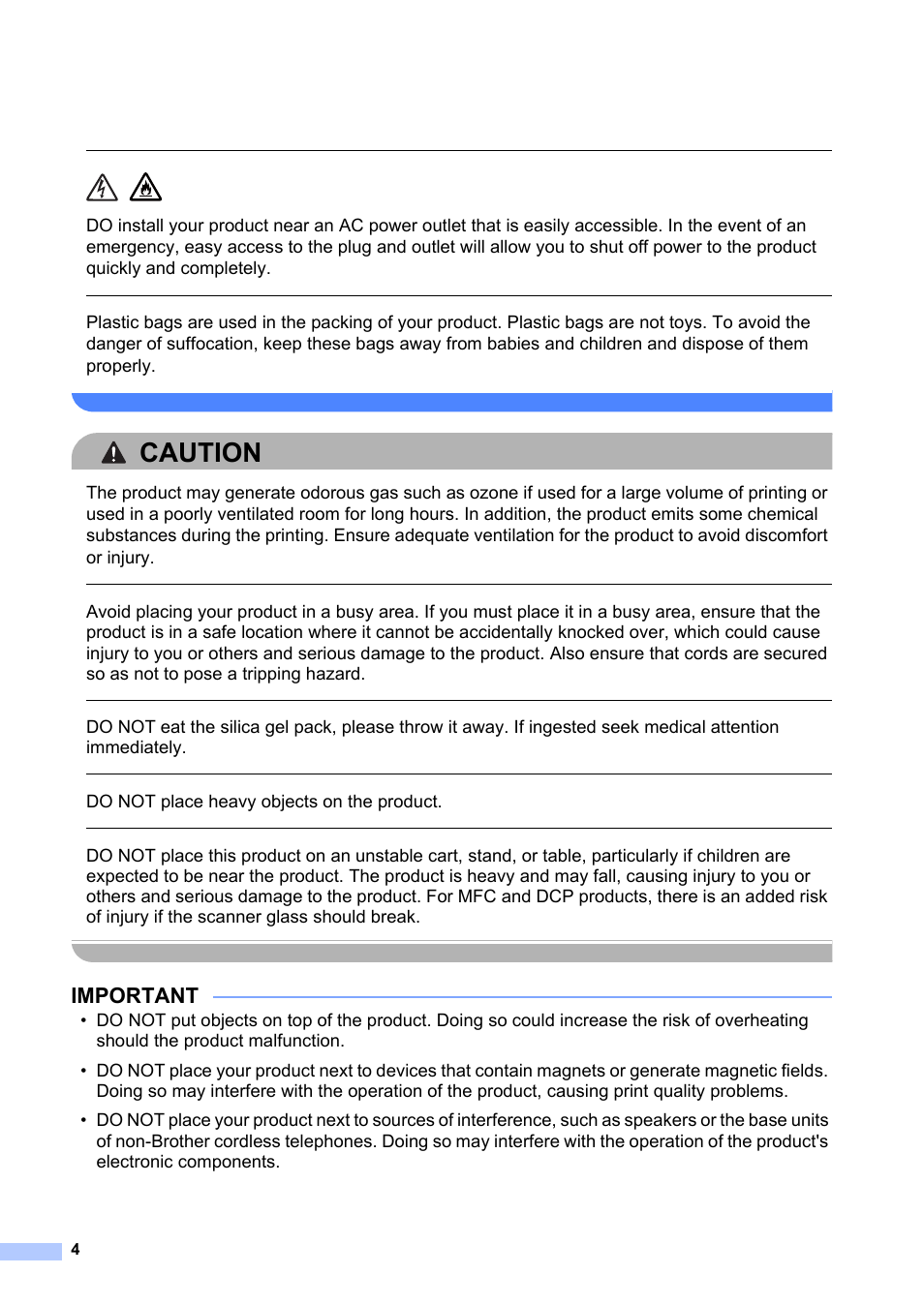 Caution, Important, Do not place heavy objects on the product | Brother HL-L8350CDW User Manual | Page 4 / 24