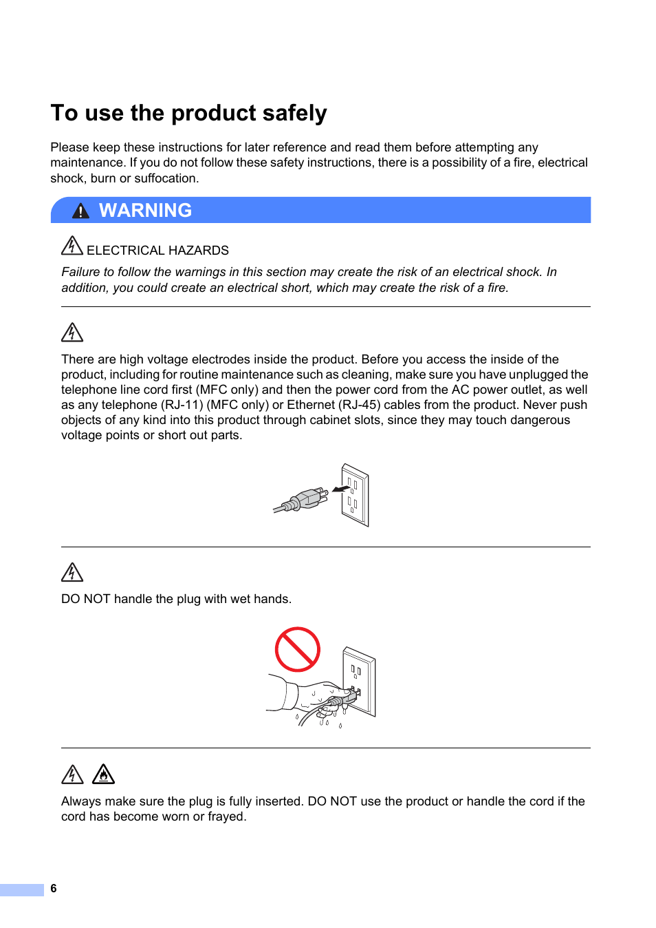 To use the product safely, Warning, Do not handle the plug with wet hands | Brother HL-L8350CDW User Manual | Page 6 / 24