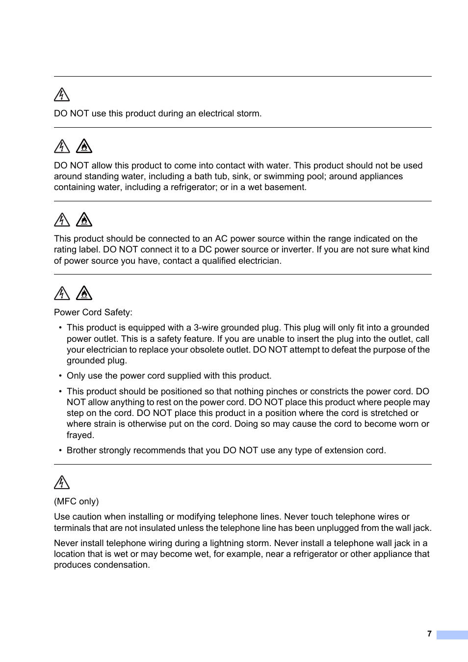 Do not use this product during an electrical storm | Brother HL-L8350CDW User Manual | Page 7 / 24
