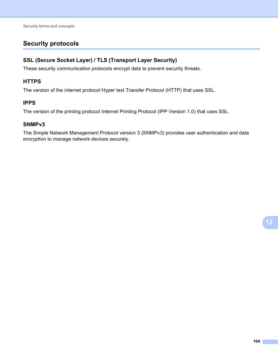 Security protocols, Https, Ipps | Snmpv3, 12 security protocols | Brother HL 5450DN User Manual | Page 110 / 120