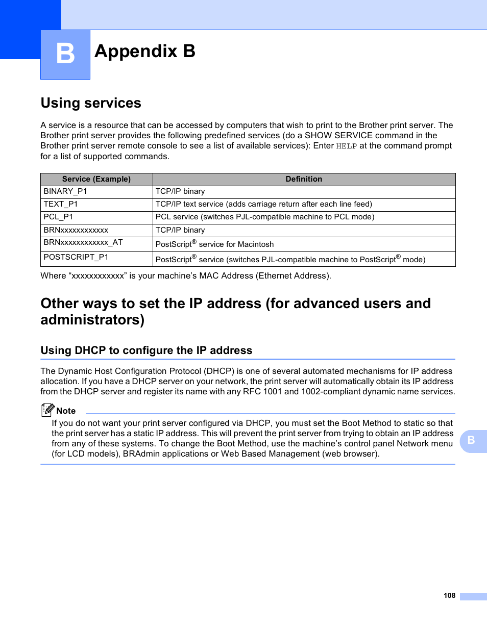 B appendix b, Using services, Using dhcp to configure the ip address | Appendix b | Brother HL 5450DN User Manual | Page 114 / 120