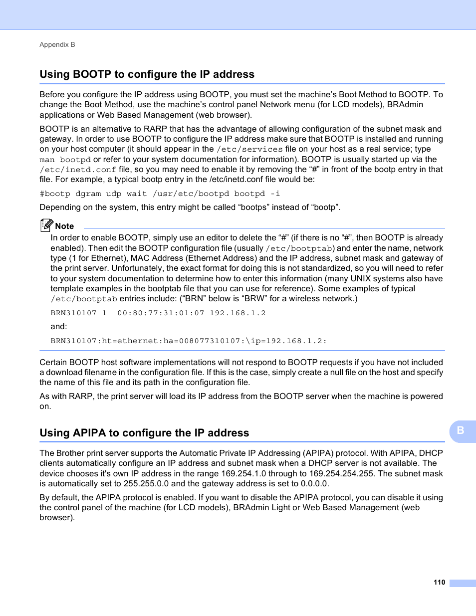 Using bootp to configure the ip address, Using apipa to configure the ip address, Busing bootp to configure the ip address | Brother HL 5450DN User Manual | Page 116 / 120
