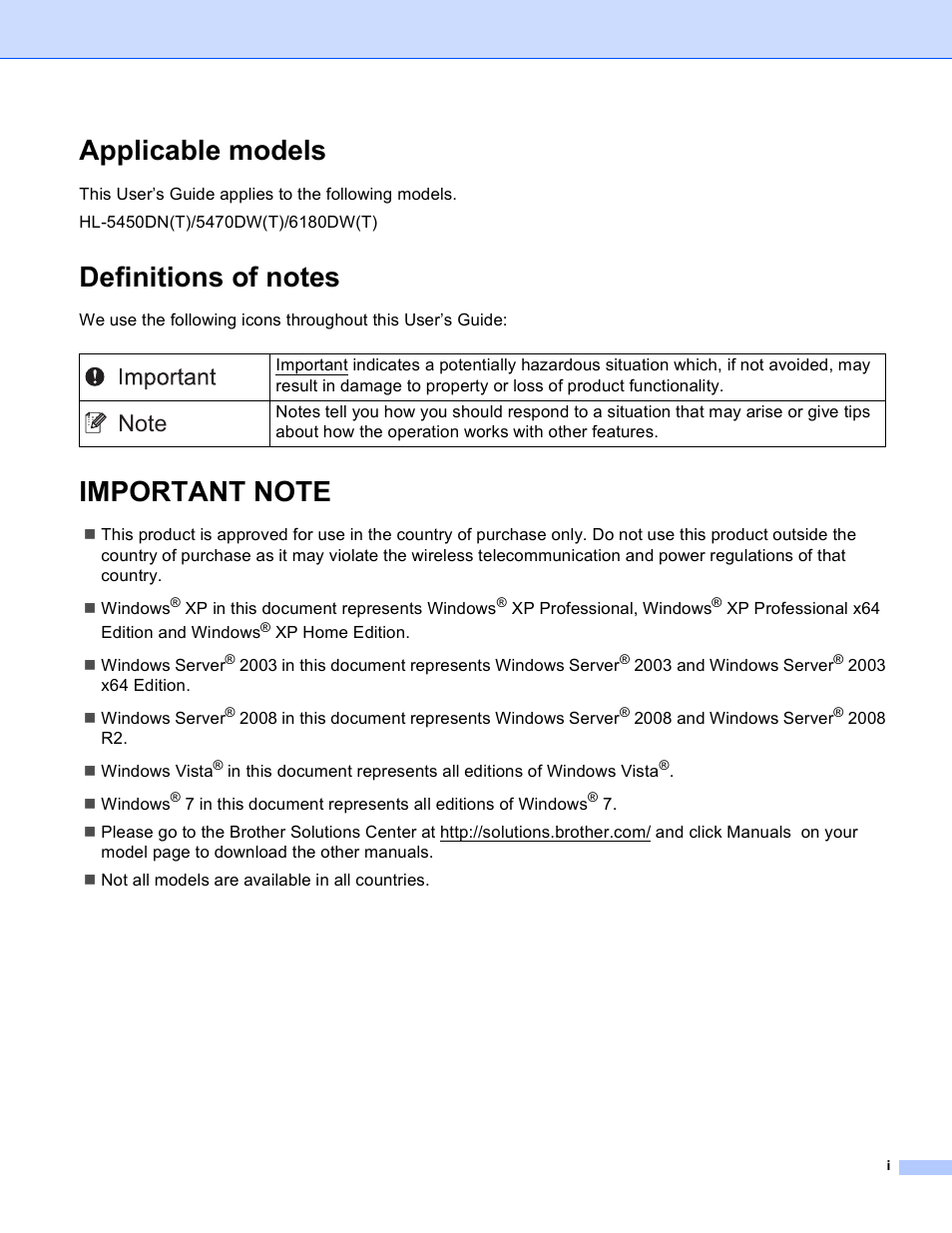 Applicable models, Definitions of notes, Important note | Brother HL 5450DN User Manual | Page 2 / 120